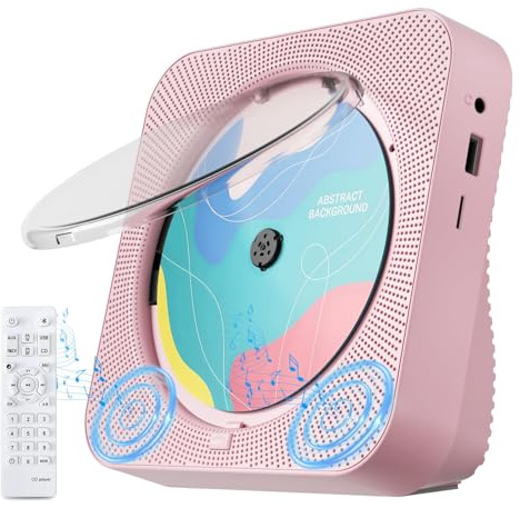 Lettore CD portatile con Bluetooth 5.1 Desktop lettore CD con altoparlanti Hi-Fi, telecomando, copertura antipolvere, display LED, radio FM Boombox, USB/AUX per casa, regalo, bambini (rosa)