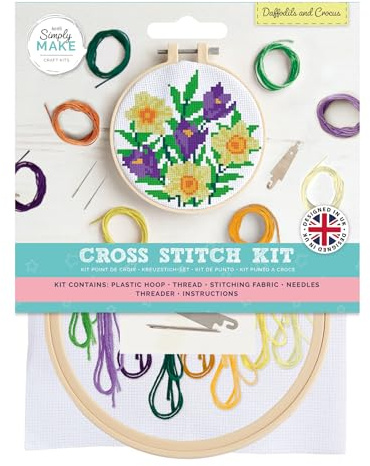 Simply Make Cross Stitch Kit: Daffodils & Crocus, Multicoloured, Single Craft Kit for Adults - Embroidery Threads Included