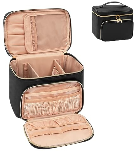 Kosmetiktasche Damen, Groß Make Up Tasche Reise Schminktasche PU Leder Makeup Bag mit Pinsel Aufbewahrung Tragbare Cosmetic Organizer Bag, Schwarz