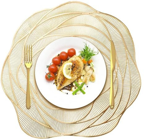 Set of 6 Round Gold Placemats - 15 Inch Rose Flower Vinyl Heat Resistant Table Mats for Dining, Party, Wedding & Holiday Decoration