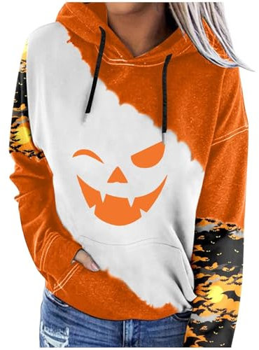AMDOLE Halloween kostüm Halloween-Sweatshirt für Damen 2024, Halloween, gruseliger, Grafikdruck, langärmelige Hoodies, lässige Pullover-Tops Hoodies Damen Pullover Kapuzenpullover (White, XXXL)