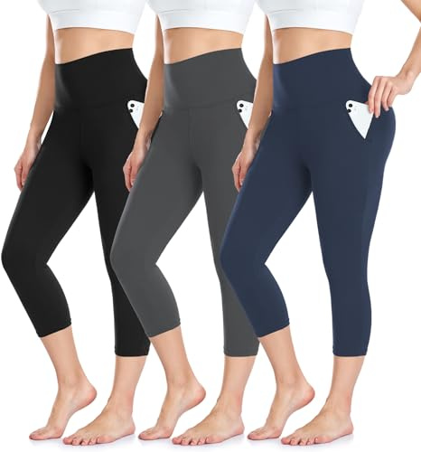 Leggings 3/4 Femme Pantalon de Sport, Jegging Taille Haute Femme Yoga Opaque Doux Capri Leggings avec Poches