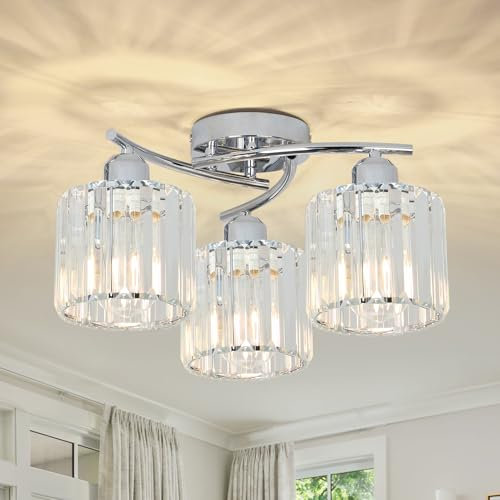 Rayofly Ceiling Lights Living Room, 3-Lights Modern Crystal Chandeliers Ceiling Light, Crystal Chandelier with Glass Shade, Hallway Ceiling Light Fitting, Flush Ceiling Lamp for Hall, Bathroom, Chrome