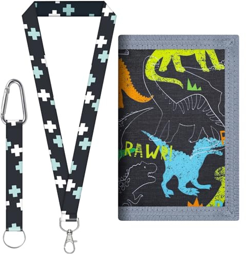 PLUSHCEWT Dinosaur Kids Wallet, Waterproof Trifold Wallet with Lanyard Zipper Novelty Wallet Coin Pocket Card Holders for Boys and Girls Outdoor Sports Birthday Gifts Ages 4-18 (B)