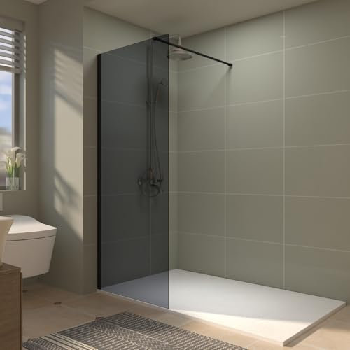 Aquariss 900mm Black Framed Walkin Shower Screen 8mm Safety Grey Shower Glass Door Panel Reversible Easy Clean Wetroom Shower Enclosure Cubicle