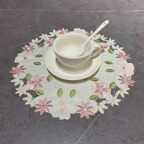 Deckchen für Tische, 4 Stück, europäischer Stil, pastorale Tischsets, Polyestergewebe, dekorativ, rund, bestickt, Untersetzer, Rosa, 20 x 20 cm