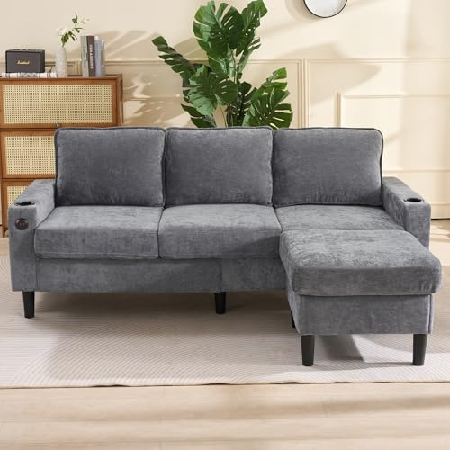 RIAZOS L-Shaped Couch Sofa, 3 Seater Corner Sofa, Sectional Sofa Couches With USB, Cup Holder, for Apartment Living Room (Grey)
