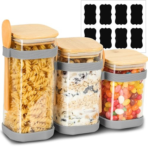 Withosent Bocaux en Verre Lot de 3, 540ml/600ml/700ml Bocal en Verre avec Couvercle en Silicone Antidérapant et 3 Cuillères en Bois, Bocaux Epices Empilables, Pot Verre Boite Rangement Cuisine
