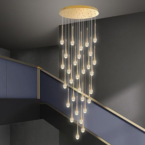 Jatwefiv LED Kronleuchter für Treppen,3000–6500K Modern Dimmbar Spiral Kristall Lang Hängeleuchte Treppenhaus mit Fernbedienung Wassertropfen Pendelleuchte für Hohe Decken Villa Loft,180W/30Lights