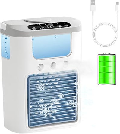 Mini Klimaanlage Kleines Mobiles Klimagerät Akku Klimaanlage Camping 4 in 1 Tragbare Mobile Klimaanlage mit 7 Farben Nachtlicht, 3 Geschwindigkeiten & 3 Nebelmodi