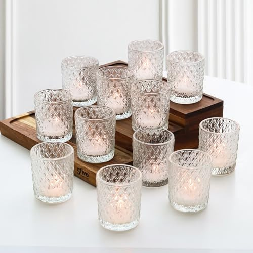 GEHEIMON Värmeljusglas, uppsättning av 12 ljusstakar glas, 5,5 cm Dm värmeljushållare glas transparent värmeljus glas rombiska ljusglas för bröllop, födelsedag, semester, festdekoration