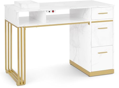BarberPub de manicidente con 3 cajones y 2 estantes, Mesa de con succión, Madera de Mesa de término de, Escritorio para, Oro Blanco de mármol, 57x112x80cm, 2472