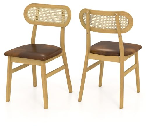 RELAX4LIFE Lot de 2 Chaises Salle a Manger, Chaise Cannage Rotin avec Siège Rembourré, Chaise en Bois avec Dossier Incurvé pour Salon Café, Assise 47 CM (1, Brun)