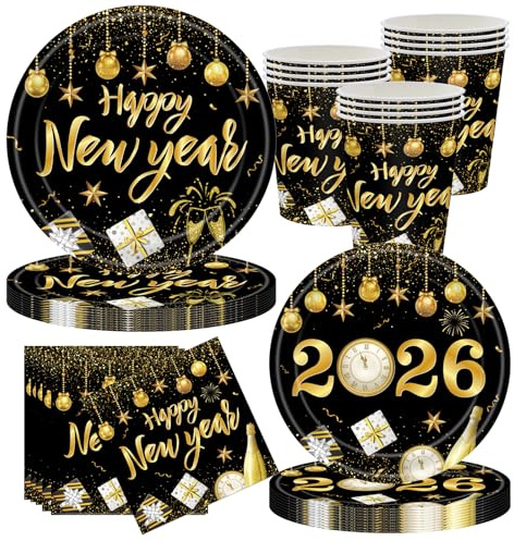 CANCJ Kit de vaisselle pour le Nouvel An, décoration de table de fête 50 pièces pour le Nouvel An avec 10 assiettes en carton, assiettes, gobelets, serviettes, kit de fête jetable pour la décoration