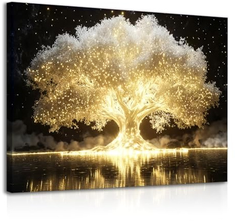 Dazzlewall Framed Enchanting Luminous Tree of Life Wall Art,Magical Fantastic Golden Tree with Reflection Canvas Prints for Bedroom Living Room Decor 12x16 in