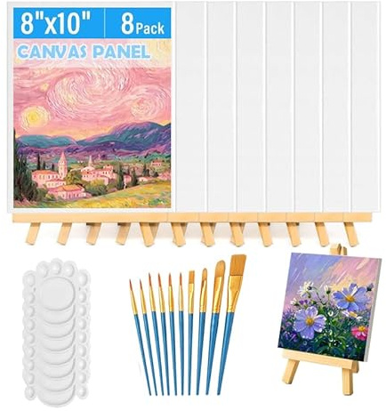 74 Pcs Canvas with Easel, 8 x 10 Inch Canvas Boards with Wooden Easels Brushes Paint Kit for Acrylic Oil Watercolor, Kids Adults Beginner Art Craft, Art Classes, DIY Craft Projects