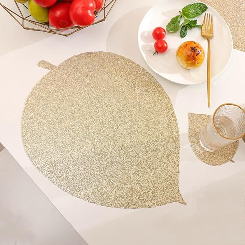Salvamanteles dorados, manteles individuales lavables para cocina, juego de 10 con forma de hoja de PVC, bajoplatos 36 x 38 cm