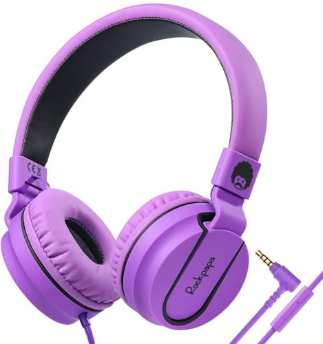 RockPapa Auriculares On-Ear, Auriculares con Cable y Microfono, Ligeros, Cómodos y Plegables Audifonos para Niños Estudiantes Adolescentes, para PC/Mac/portátil/teléfono/DVD-Negro Morado
