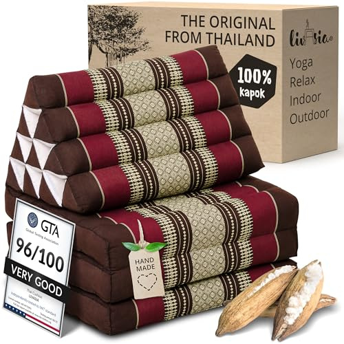 livasia cuscino thai alto kapok - 185x55x8cm - triangolare a 3 segmenti materasso pieghevole, cuscino per la schiena jumbo, tappetino thai da piegare, fatto a mano (Bordeaux)