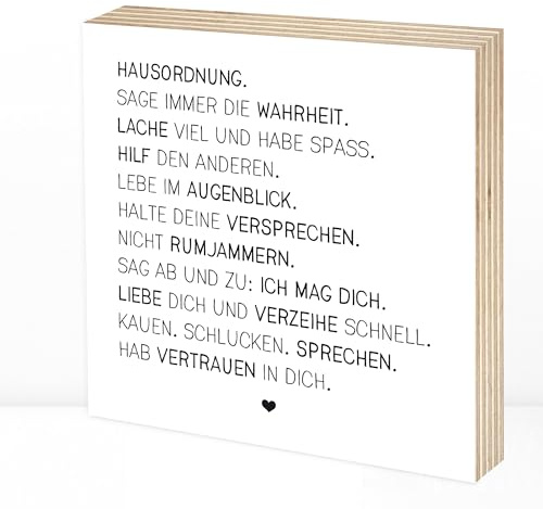 Wunderpixel® Holzbild Hausordnung - 15x15x2cm zum Hinstellen/Aufhängen, Spruch auf Holz - schwarz-weißes Wand-Bild Aufsteller zur Dekoration Zuhause oder als Geschenk-Idee