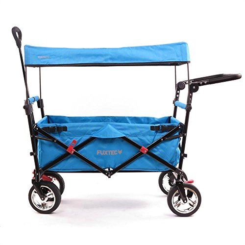 FUXTEC CT700 Blue Folding Wagon for Kids to Sit In – Stroller-Style Push-Pull Hand Cart with Removable Canopy, Dual Brakes & 4-Wheel Design for Outdoor Transport, Hiking & Fishing