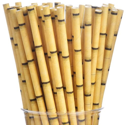 ALINK Biodegradable Bamboo Print Paper Drinking Straws for Drinks, Juices, Smoothies, Shakes, Party Supplies, Pack of 100