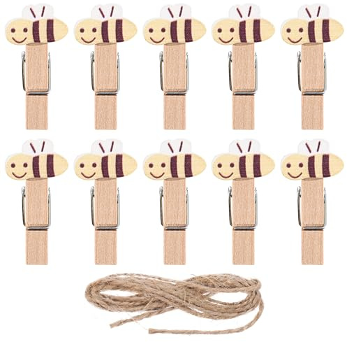 Amosfun 10 Stück Mini Holzklammern Mit Bienenmotiv Und Jutegarn Handgefertigte Wäscheklammern Für Fotos Basteln Dekoration Und Partyzubehör Perfekt Für Adventskalender Und Geschenkanhänger