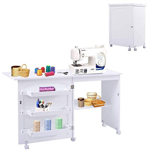 RELAX4LIFE Faltbarer Nähtisch auf Rollen, Nähmaschinenschrank aus Holz, Nähschrank, Mehrzwecktisch, ideal für Wohnzimmer, Schlafzimmer und Arbeitszimmer (White)
