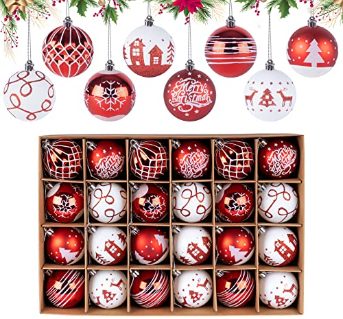 ilauke 24Pcs Boules de Noël Boule Sapin Plastique Incassable Ø6cm Decoration de Noël Sapin Ornements Décoratifs Pendentifs pour Arbre De Noël Intérieure ou Extérieure(Rouge et Blanc)