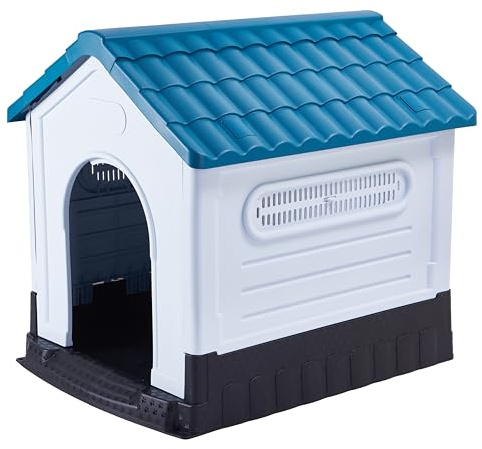 Lanco - Caseta para Perros Grandes. Uso Interior y Exterior con ventilación. Material Resistente. 105x89x98cm. Azul y Blanco.
