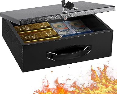 KYODOLED Feuerfeste Dokumentenbox mit Schlüsselschloss, große sichere Aufbewahrungsbox für Wertsachen, Feuerwiderstandskiste, Schlossbox für Reisepass, Bargeld, Tablet, 32 x 27 x 10 cm, Schwarz