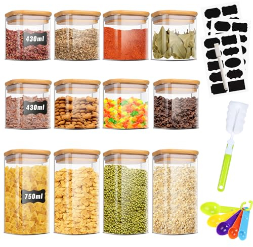 TAVADA Vorratsdosen Glas 12er Set,750ml/430ml Vorratsgläser mit Deckel Eckig,Glasbehälter mit Deckel für luftdichten Verschluss,Aufbewahrungsgläser Küche für Cornflakes,Müsli,Bohnen