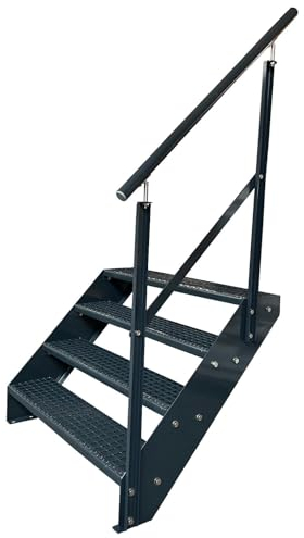 Kaminbau Mierzwa Premium Stahl Treppe mit Geländer Rechts komplett Anthrazit RAL 7016/4 Stufen (Breite 1000 mm) (Höhe 76 cm) Wetterfest Gitterroststufe Gartentreppe