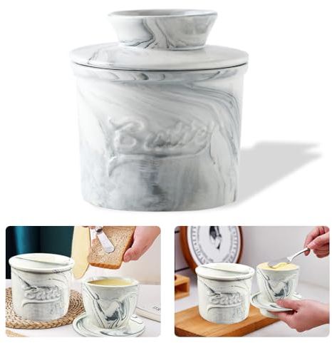 KITERI Butter Keeper Crock Ceramic Butter Crock French Butter Dish with Lid Marble Butter Storage Butter Dish Holder Butter Keeper with Water Line for Fresh Spreadable Butter
