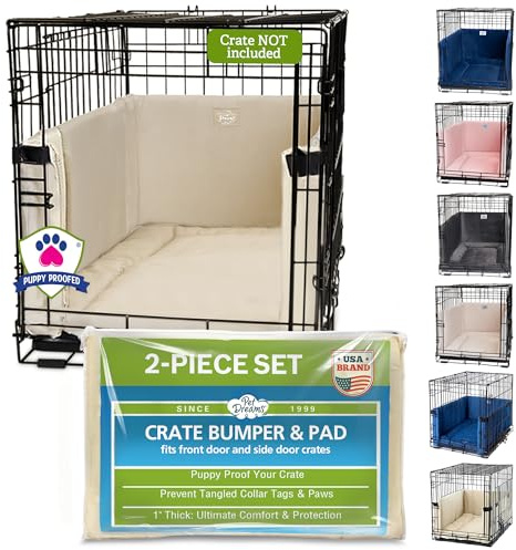 Pet Dreams Dog Crate Bumper & Mat Set- Patented Comfy Liner & Dog Tail Protector for Inside Crate, fits iCrate Cages 18, 24, 30, 36, 42, 48 Inches (Khaki, XX-Large, 48“)