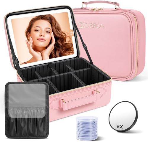 JUSRON Make-up Tasche mit Spiegel-3 Farben LED Licht, Reise Kosmetiktasche mit LED Spiegel, Tragbare Schminktasche mit Verstellbaren Trennwänden, Kosmetikkoffer mit Make-up-Pinsel-Aufbewahrung(Rosa)
