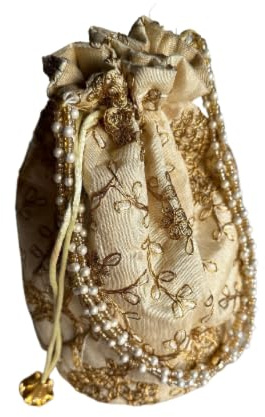 Estationeryhouse Handcrafted Women Silk Potli Bag Purse Handbag Indian Raw Slik Party Wedding Clutch Bag Traditional Return gift (Beige)