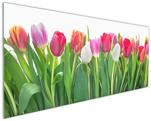 Wallario Küchen-Rückwand | Küchenspiegel Rote weiße und pinke Tulpen im Frühling in Premium-Qualität: Brillante Farben | abwischbar | pflegeleicht