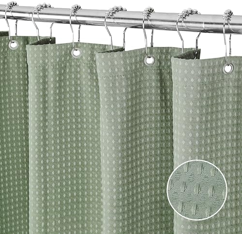 FIISAYL Waffel Duschvorhang Shower Curtains mit Magnet Waschbar Textil Polyester Stoff Bad Vorhang mit 12 Duschvorhangringe Wasserdicht für Dusche und Badewanne 183 x 183 cm(Grün)