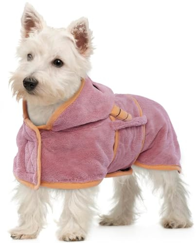 OUOBOB Hundetrocknungsmantel, Hundemantel zum Trocknen von Hunden, rosa Hundetücher für kleine Hunde, Mikrofaser Hunderobe Super mit Kapuze, verstellbare Bauchgurte für Dackel, Yorkie, Chihuahua XS