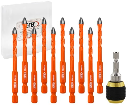 BGTEC Jeu de mèches excentriques Forets à tête inclinée de haute dureté 10 pièces 6MM Mèche à pointe carbure mèche avec 1 adaptateur de mandrin pour bois, maçonnerie, carreaux | Tige hexagonale pour bois, plastique, maçonnerie, céramique, carrelage, verre, béton, marbre, brique
