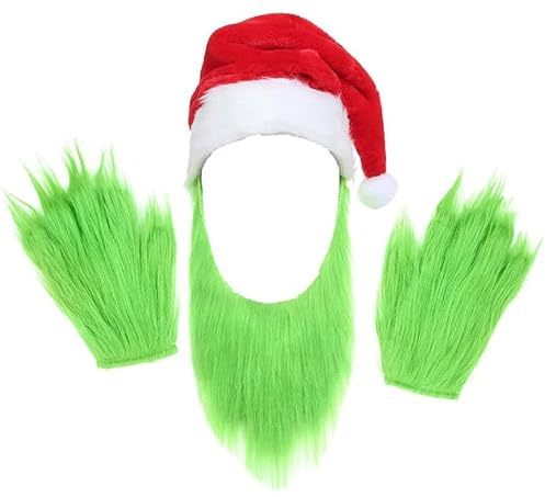 SINSEN 3 x Weihnachtsmaske, pelzige Handschuhe, Mütze, grün, großes Monster, Latex, Vollkopfmaske, Weihnachten, Halloween, Karneval, Cosplay, Kostüm, Requisiten, Verkleidung für Erwachsene