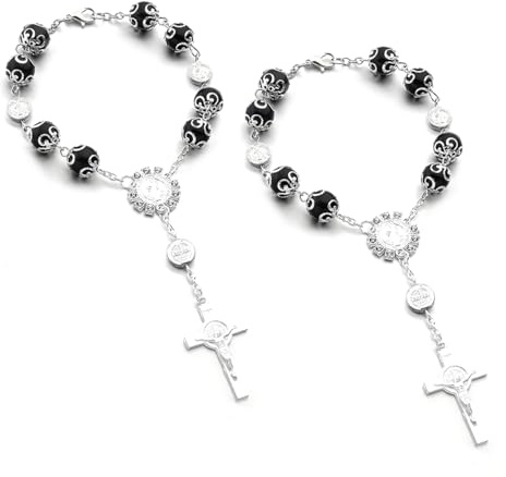 Ohleats Auto-Rosenkranz für Rückspiegel, personalisierbar, Kreuz-Segenperlen, Dekoration, katholischer Rosenkranz zum Aufhängen, für Herren, Damen, Autozubehör (schwarz, 2 Stück)