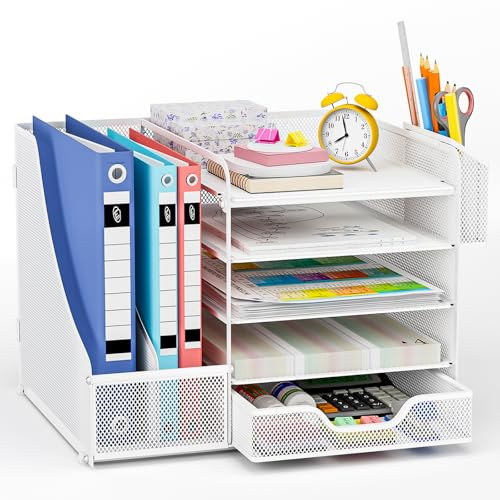Apritsce Organizer Scrivania, Portadocumenti da Scrivania, 5 Vaschette Portadocumenti Ufficio con Cassetto e Portapenne, Multifunzionale Organizer Cancelleria per Ufficio Cancelleria Casa