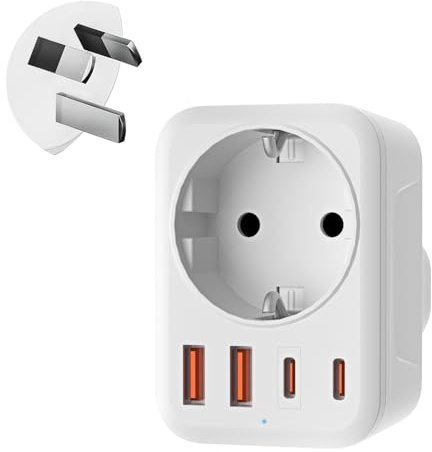 Denlane Adapter Australien, 5 in 1 Reiseadapter Australien mit 1 AC & 2 USB-C & 2 USB-A(3.4A), Adapter China Neuseeland Argentinien Fidschi Deutschland Stecker, Reisestecker Typ I