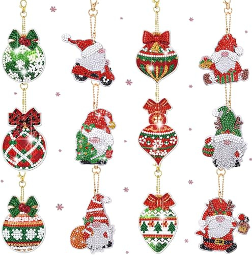 Ljevandria Diamond Painting Weihnachten Schlüsselanhänger 12 Diamond Painting Adventskalender Anhänger 5D Diamant Painting Wichtel Set Weihnachtsbasteln Weihnachtself Weihnachtskugeln