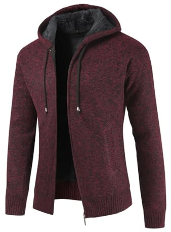 UUAISSO Pull à Capuche tricoté pour Homme Cardigan doublé en Polaire Fermeture éclair complète Coupe Classique vin Rouge XXL