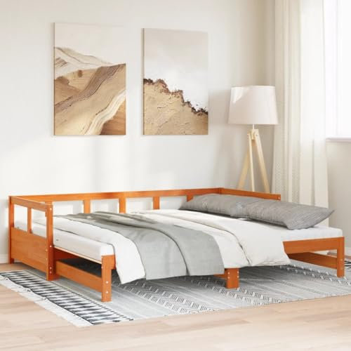 Homgoday Sofabett mit Rollen und Matratze, braun, Wachs, 90 x 200 cm, Kiefer, Sofabett, Schlafsofa, Bettrahmen, Bettgestell