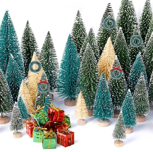 Mini alberi di Natale artificiali per albero di Natale con base in legno, per decorazioni natalizie, feste di Natale, decorazioni per la casa, tavoli (combinazione di 56 pezzi)