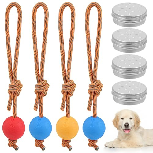 GZcaiyun Hundeball mit Schnur, 4 STK Hundespielzeug Ball mit Seil und 4 Geruchstrainingsbox, Wurfball Hund Weich und Elastisch, Extrem Weite Würfe (5cm, Rot,Blau,Gelb)